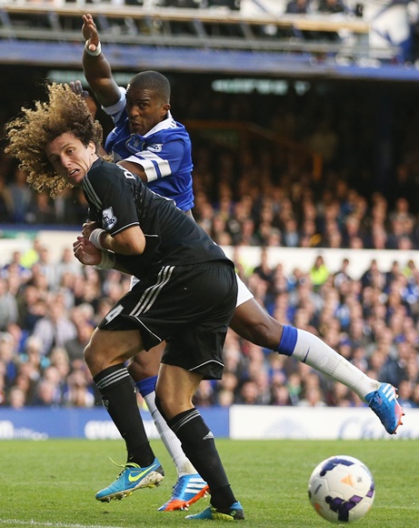  David Luiz of Chelsea competes with Sylvain Distin of Everton