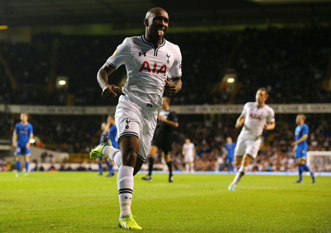 Jermain Defoe of Spurs celebrates scoring their second goal during the UEFA Europa League Group K match against Tromso IL