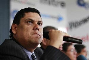 Carlos Mendez head of El Salvador's Football Federation (FESFUT), speaks to the media