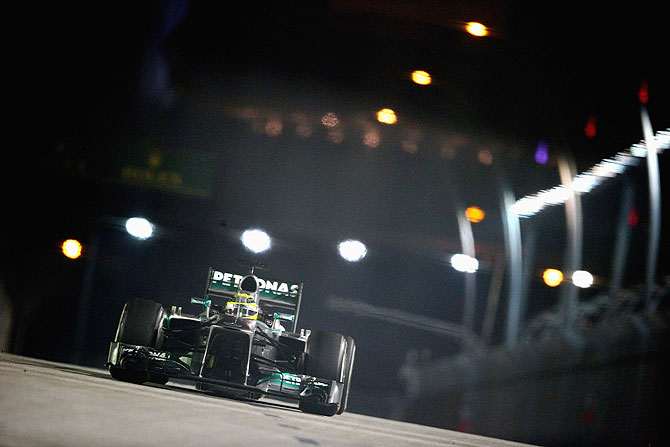 Nico Rosberg of Germany and Mercedes GP drives during the Singapore Formula One Grand Prix at Marina Bay Street Circuit on Sunday