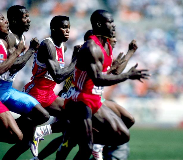 Ben Johnson of Canada pushes ahead of the field to win the men's 100m final in the 1988 Summer Olympic Games