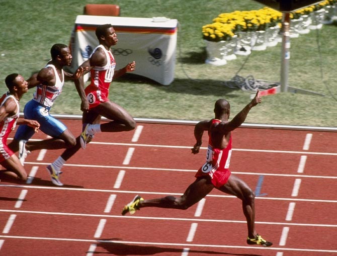 Ben Johnson celebrates after winning the men's 100 metres final during the 1988 Summer Olympic Games in Seoul
