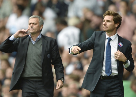 Tottenham Hotspur's manager Andre Villas-Boas (right) and Chelsea's Jose Mourinho react