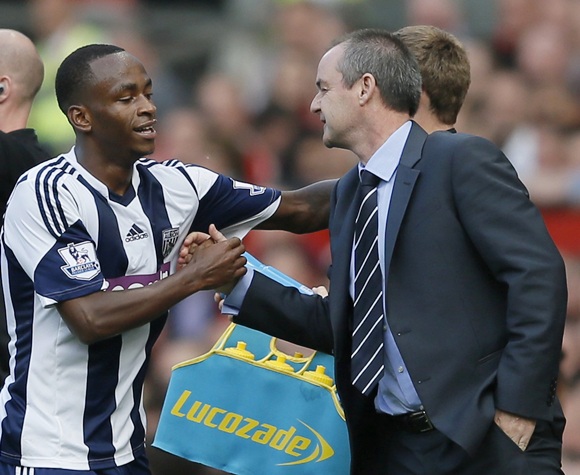 West Bromwich Albion's Saido Berahino (left) celebrates with manager Steve Clarke