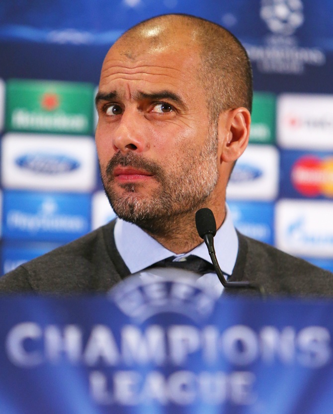 Pep Guardiola the coach of FC Bayern Muenchen faces the media