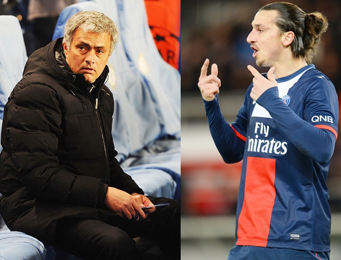 Zlatan Ibrahimovic of Paris Saint-Germain, right, and Jose Mourinho