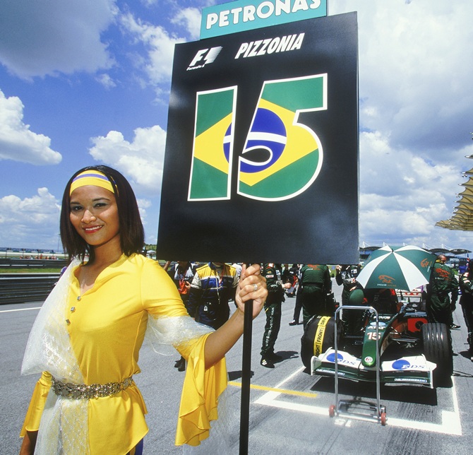 A Jaguar racing glamour grid girl during the Formula One Malaysian Grand Prix on March 23, 2003 at the Sepang International Circuit