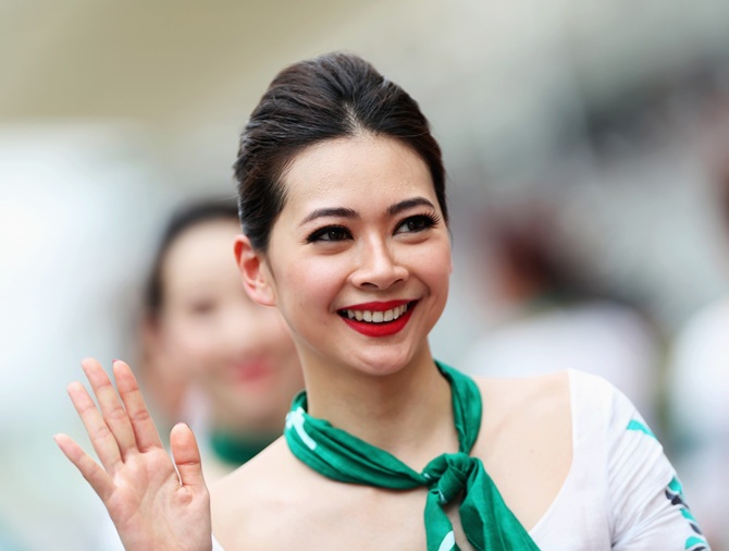 Grid girl is seen at the drivers parade before the Malaysia Formula One Grand Prix at the Sepang Circuit