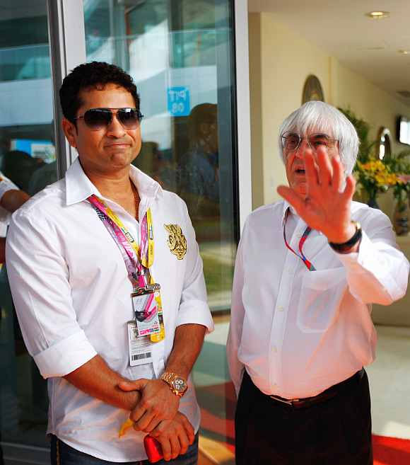 Sachin Tendulkar with Bernie Ecclestone ahead of the Indian Grand Prix in 2011