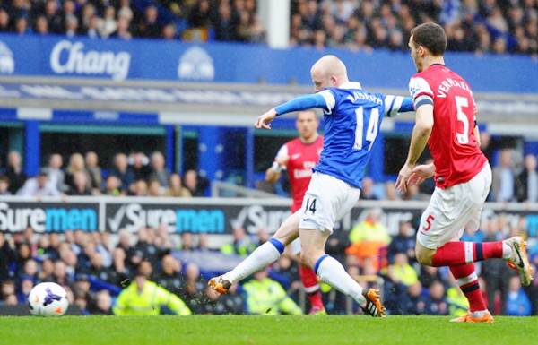 Steven Naismith of Everton scores the first goal during the Barclays Premier League match against Arsenal at Goodison Park