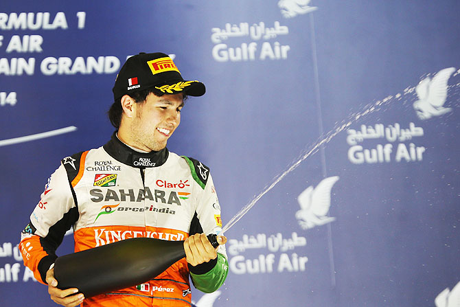 Sergio Perez of Mexico and Force India celebrates finishing third during the Bahrain Formula One Grand Prix at the Bahrain International Circuit in Sakhir, Bahrain on Sunday