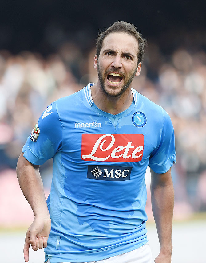 Gonzalo Higuain of Napoli celebrates after scoring against SS Lazio during their Serie A match at Stadio San Paolo in Naples, Italy on Sunday