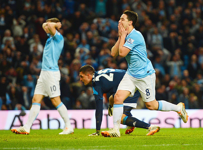 Samir Nasri of Manchester City reacts to a missed chance on goal against Sunderland on Wednesday