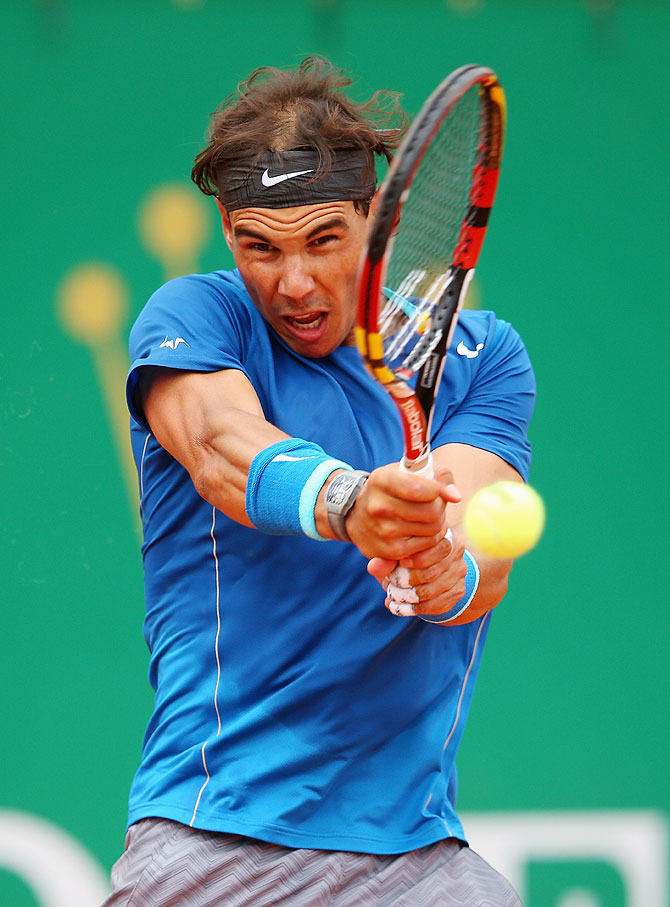 Rafael Nadal of Spain in action against Teymuraz Gabashvili of Russia at the ATP Monte Carlo Masters in Monte-Carlo, Monaco on Wednesday