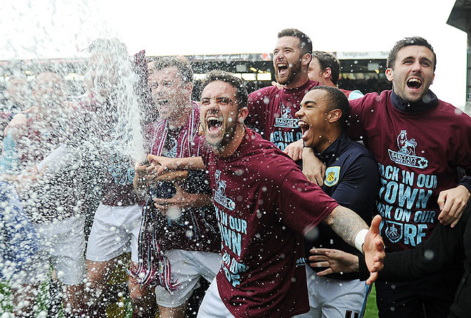 Burnley celebrate following the Sky Bet Championship match between Burnley and Wigan Athletic at Turf Moor in Burnley, England on Monday