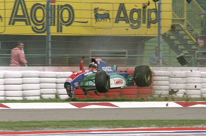  Rubens Barrichello of Brazil crashes at 160 mph in his Jordan Hart during the first official practice for the San Marino Grand Prix at the Imola circuit in San Marino on May 1, 1994