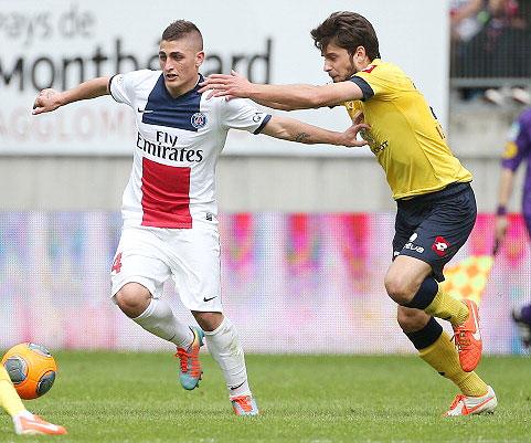 Marco Verratti of PSG and Sanjin Prcic of Sochaux vie for possession during their match on Sunday