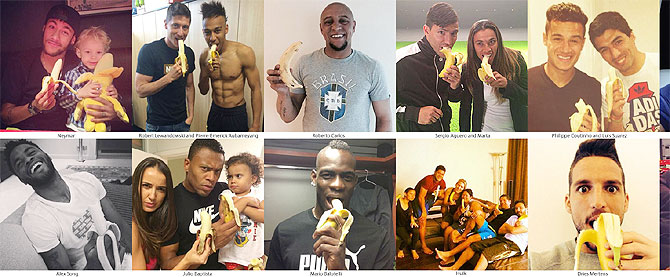 A collage of footballers from around the world as they show their support to Dani Alves and oppose racism
