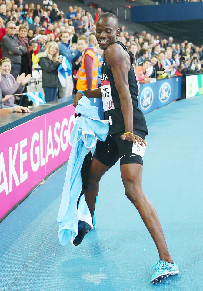 Nijel Amos of Botswana celebrates winning gold in the Men's 800 metres final on Thursday