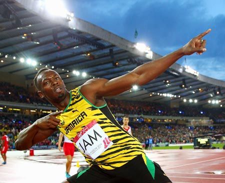 Usain Bolt of Jamaica celebrates winning gold in the men's 4x100 metres relay