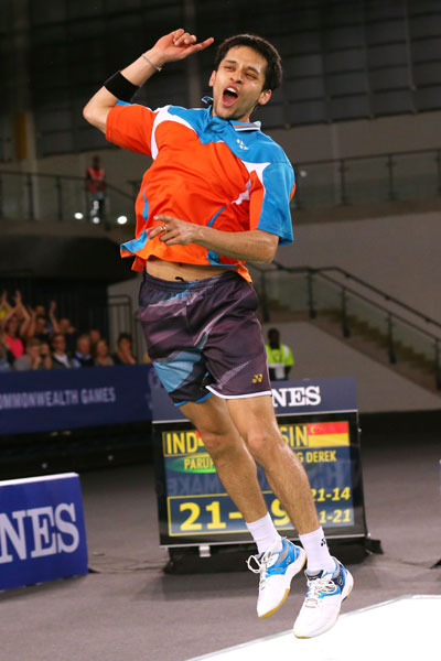 Parupalli Kashyap of India celebrates winning gold in the Men's Singles