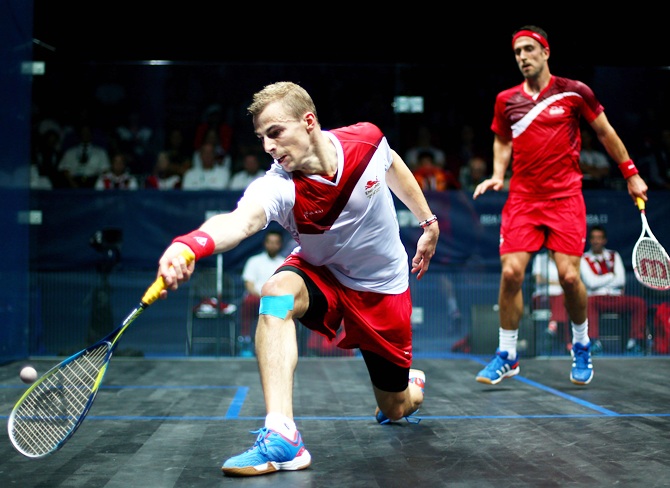 Nick Matthew of England plays a forehand