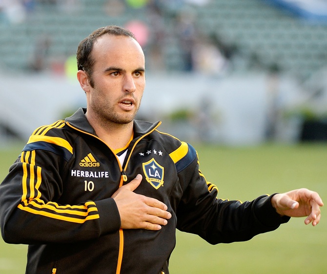 Landon Donovan of Los Angeles Galaxy reacts to his supporters after a 4-1 win over the Philadelphia Union