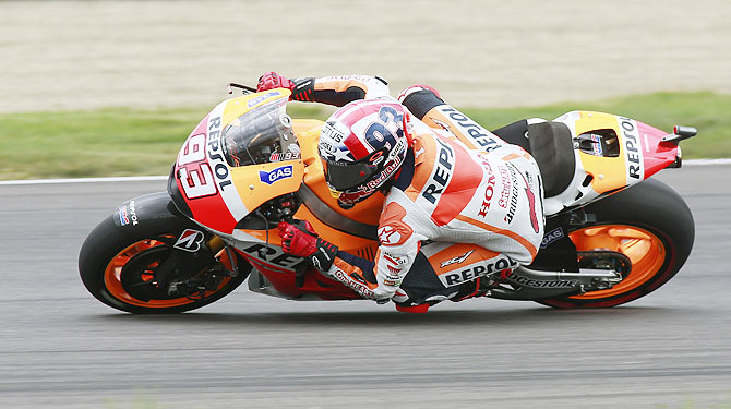 Honda MotoGP rider Marc Marquez of Spain rides through a turn on his way to winning the Indianapolis GP on Sunday