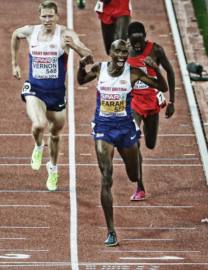 Mo Farah of Great Britain celebrates winning the Mens 10,000m Finall during day two of the 22nd European Athletics Championship at Stadium Letzigrund in Zurich on Wednesday