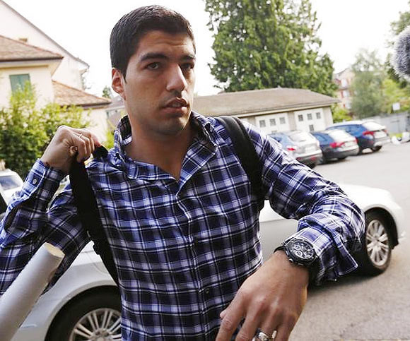 Uruguayan striker Luis Suarez arrives for a hearing at the Court of Arbitration for Sport (CAS) in Lausanne on Friday, August 8