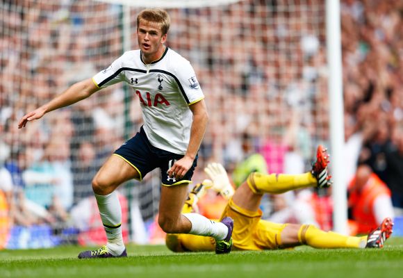 Eric Dier of Spurs turns away to celebrate after scoring the match winning goal past Adrian of West Ham 