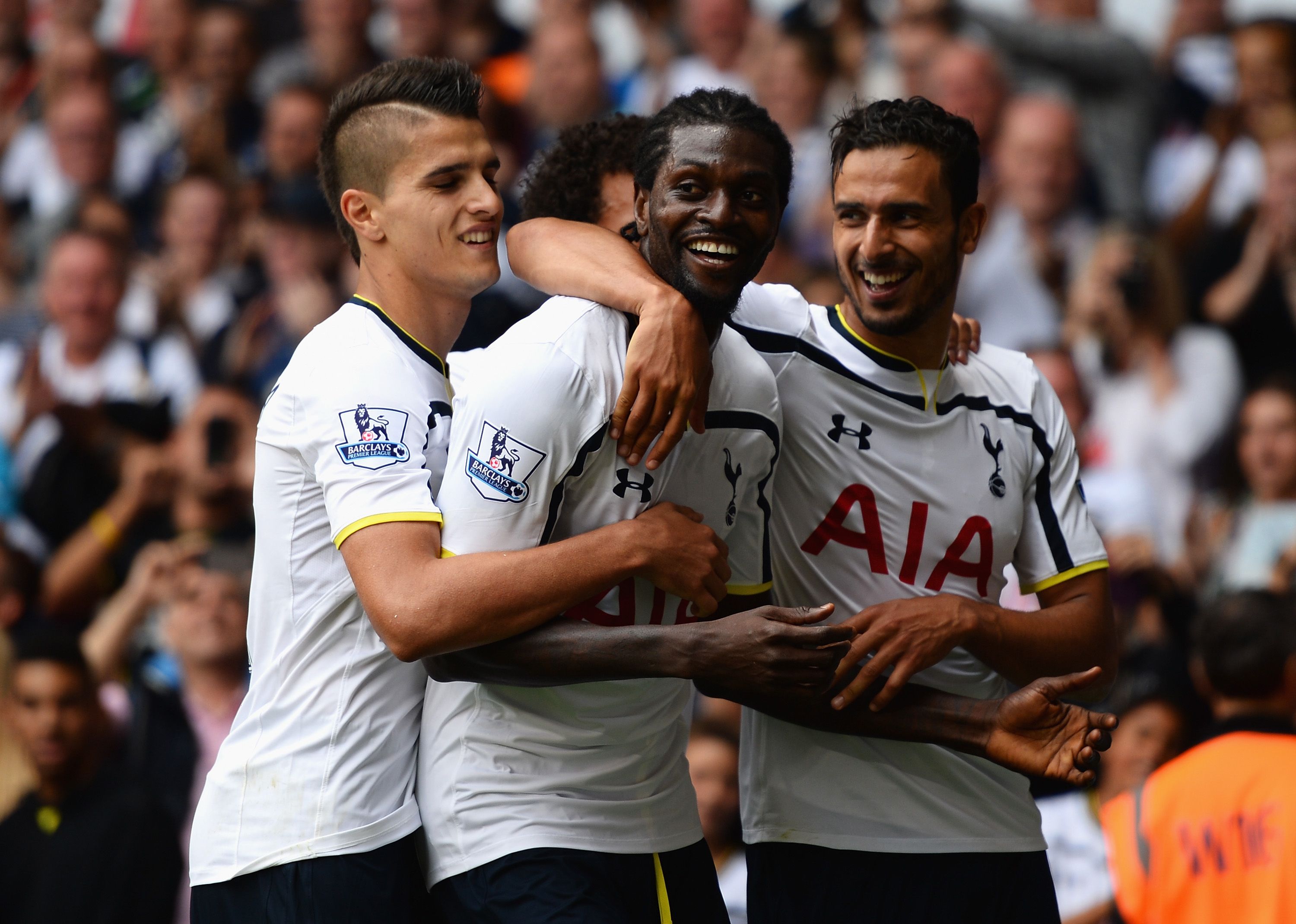 Emmanuel Adebayor of Spurs celebrates his goal with team mates during the Barclays Premier League match 