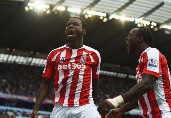 Mame Biram Diouf, left, of Stoke City celebrates