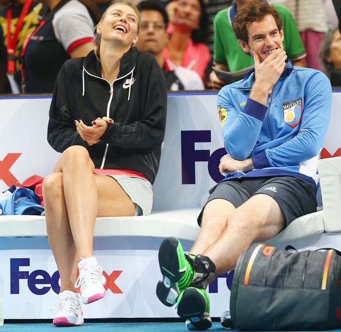 Maria Sharapova and Andy Murray of the Manila Mavericks share a joke