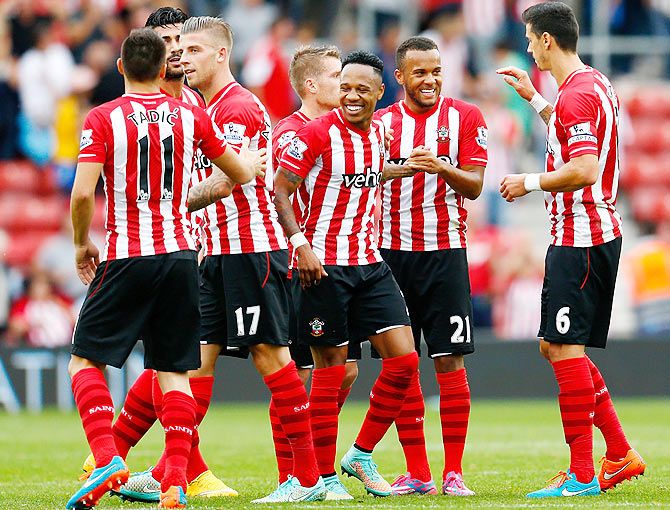 Southampton players celebrate during the English Premier League match against Queens Park Rangers at St Mary's Stadium
