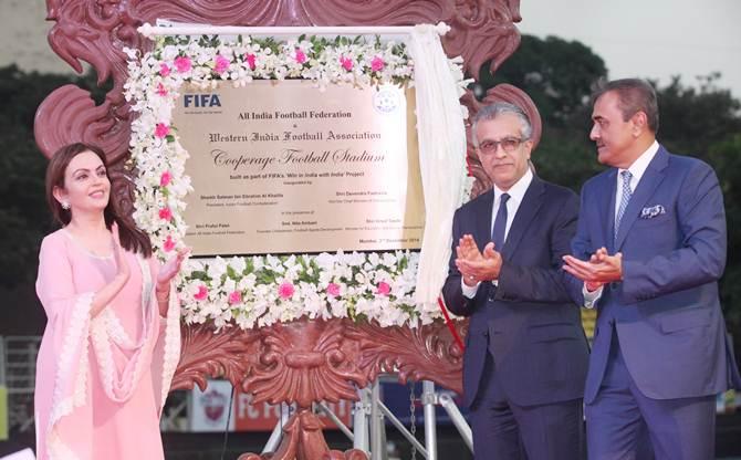 Mrs. Nita Amani, Shaikh Salman and Mr. Praful Patel during the inauguration of the Cooperage Stadium in Mumbai, on Wednesday.