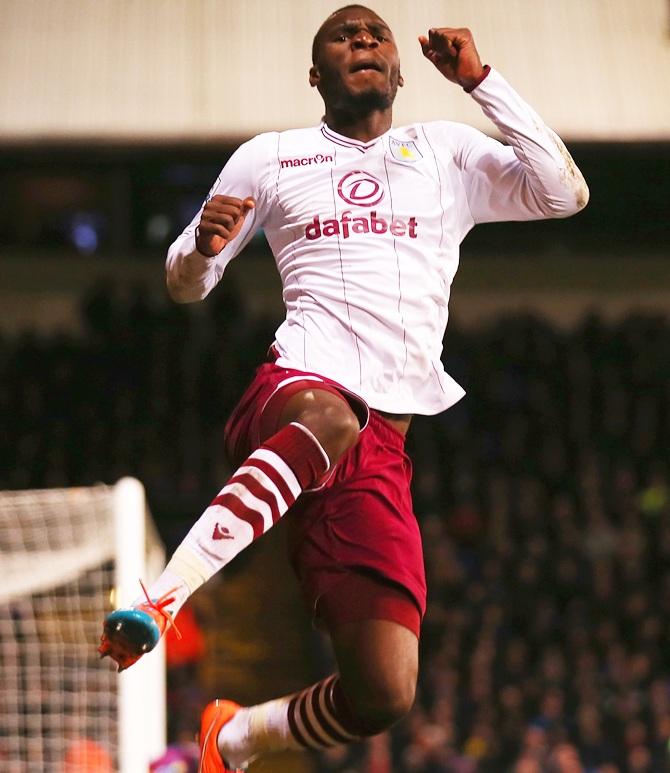 Christian Benteke of Aston Villa celebrates scoring his team's first goal