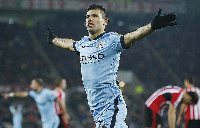 Manchester City's Sergio Aguero celebrates his second goal against Sunderland during their English Premier League match at the Stadium of Light in Sunderland on Wednesday