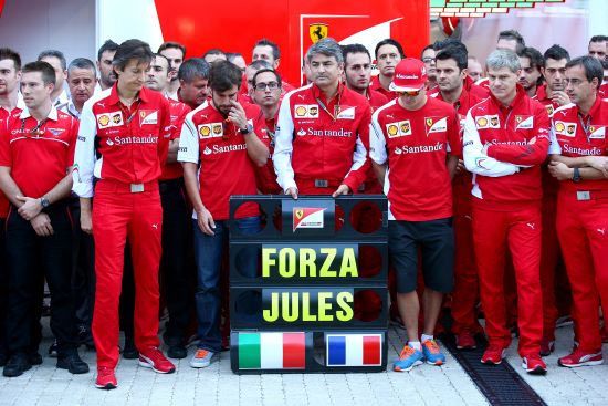 Members of the Ferrari and Marussia teams, including Fernando Alonso, Kimi Raikkonen and Ferrari Team Principal Marco Mattiacci, pay tribute to Jules Bianchi