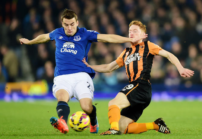 Seamus Coleman of Everton is tackled by Stephen Quinn of Hull City at Goodison Park on Wednesday