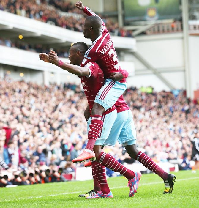 Diafra Sakho, left, of West Ham United celebrates