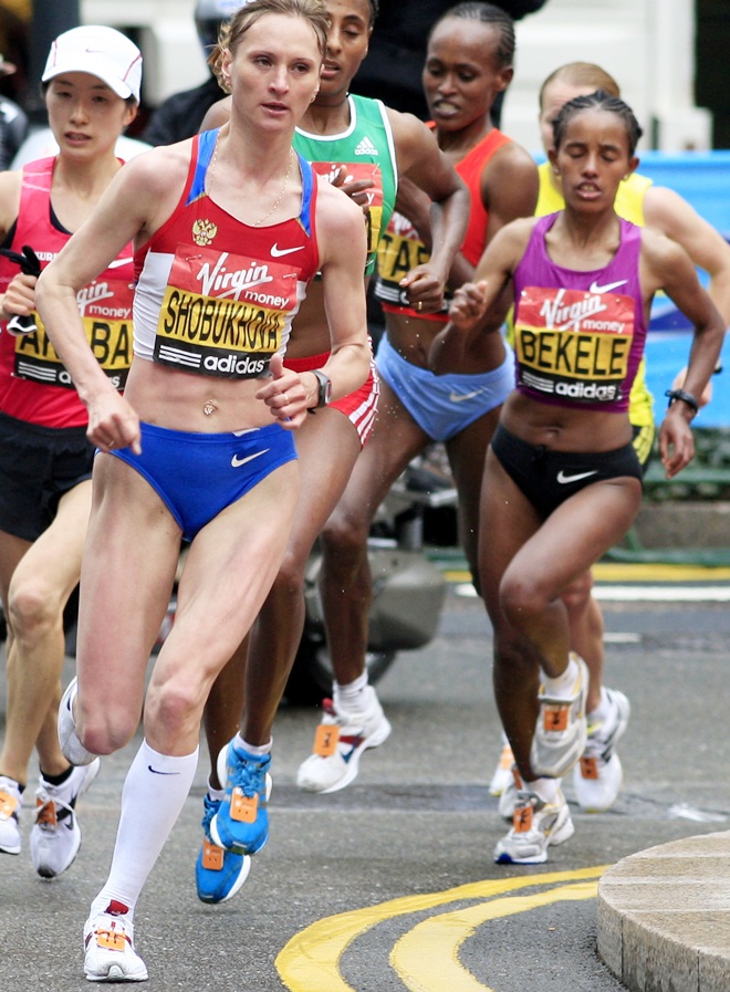 Russia's Liliya Shobukhova leads the Women's elite race