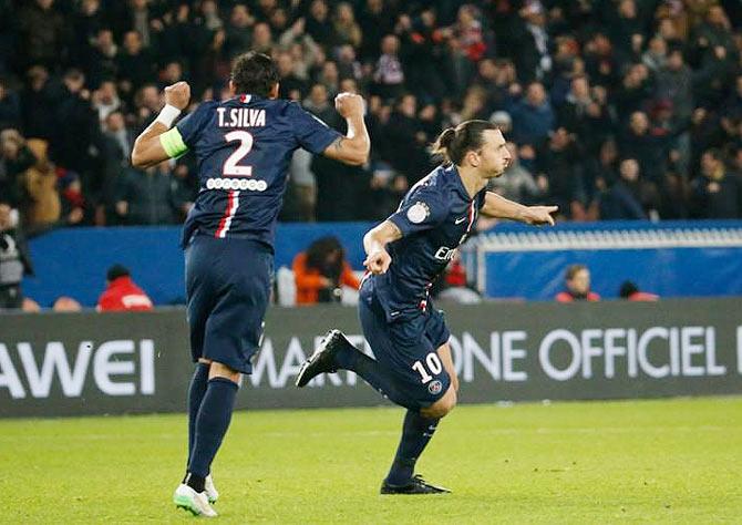 PSG'S Zlatan Ibrahimovic celebrates after scoring