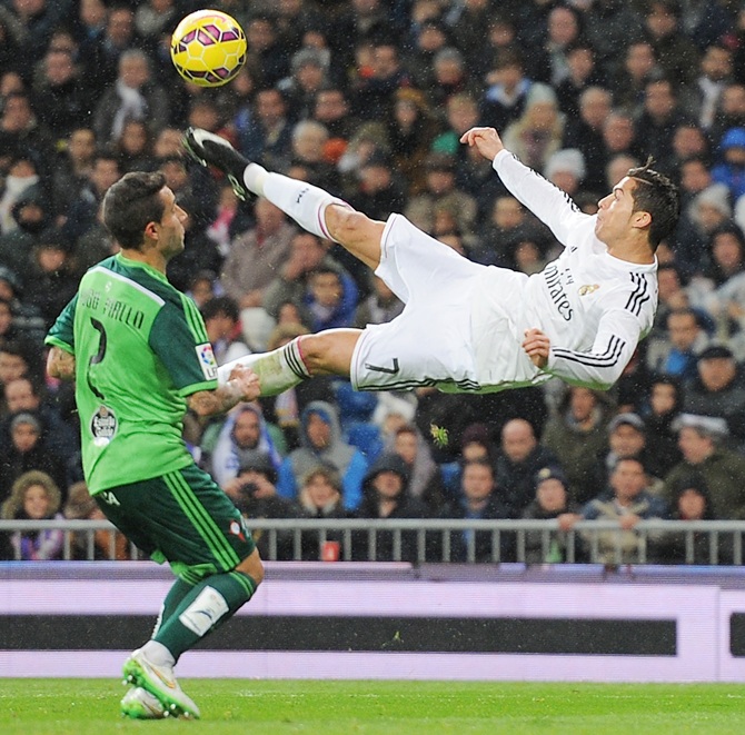 Cristiano Ronaldo of Real Madrid kicks the ball 