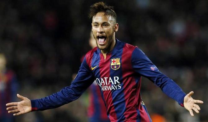 Barcelona's Neymar celebrates after scoring a goal against Paris St Germain
