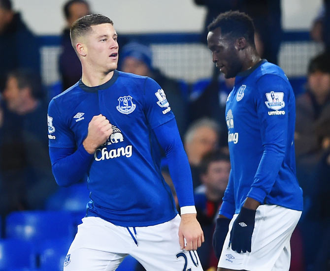 Everton's Ross Barkley celebrates scoring the opening goal with Romelu Lukaku during their Barclays Premier League match against Queens Park Rangers at Goodison Park in Liverpool, on Monday