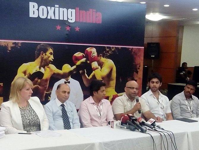 From left, AIBA's legal manager Cliodhna Guy, AIBA's India-based observer Kishen Narsi, Boxing India President Sandeep Jajodia, Boxing India secretary general Jay Kowli and Udit   Sheth