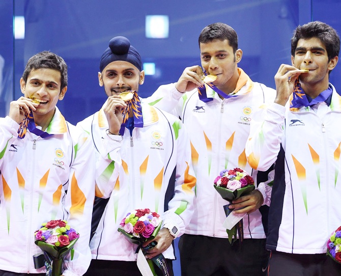 Gold medal winners Saurav Ghosal, Harinder Pal Singh Sandhu, Kush Kumar and Mahesh   Mangaonkar