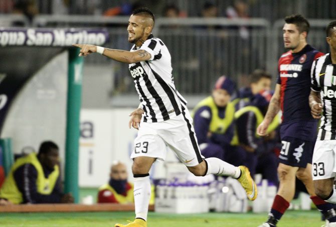 Vidal of Juventus celebrated the goal 0-2 during the Serie A match betweeen Cagliari Calcio and Juventus FC at Stadio Sant'Elia in Cagliari on Thursday