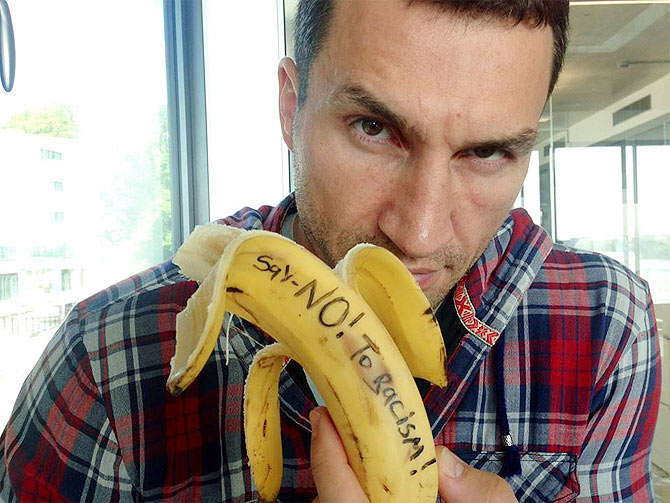 World Boxing Heavyweight Champion Wladimir Klitschko with an anti-racism statement on a banana skin